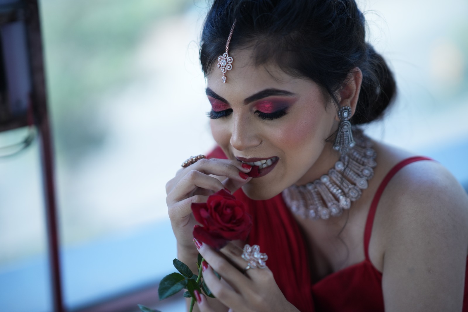 Closeup bridal makeup with rose