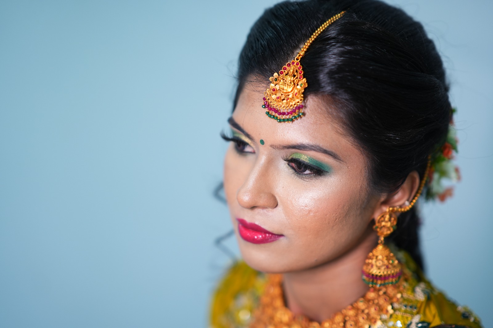South Indian bridal closeup with green eyeshadow